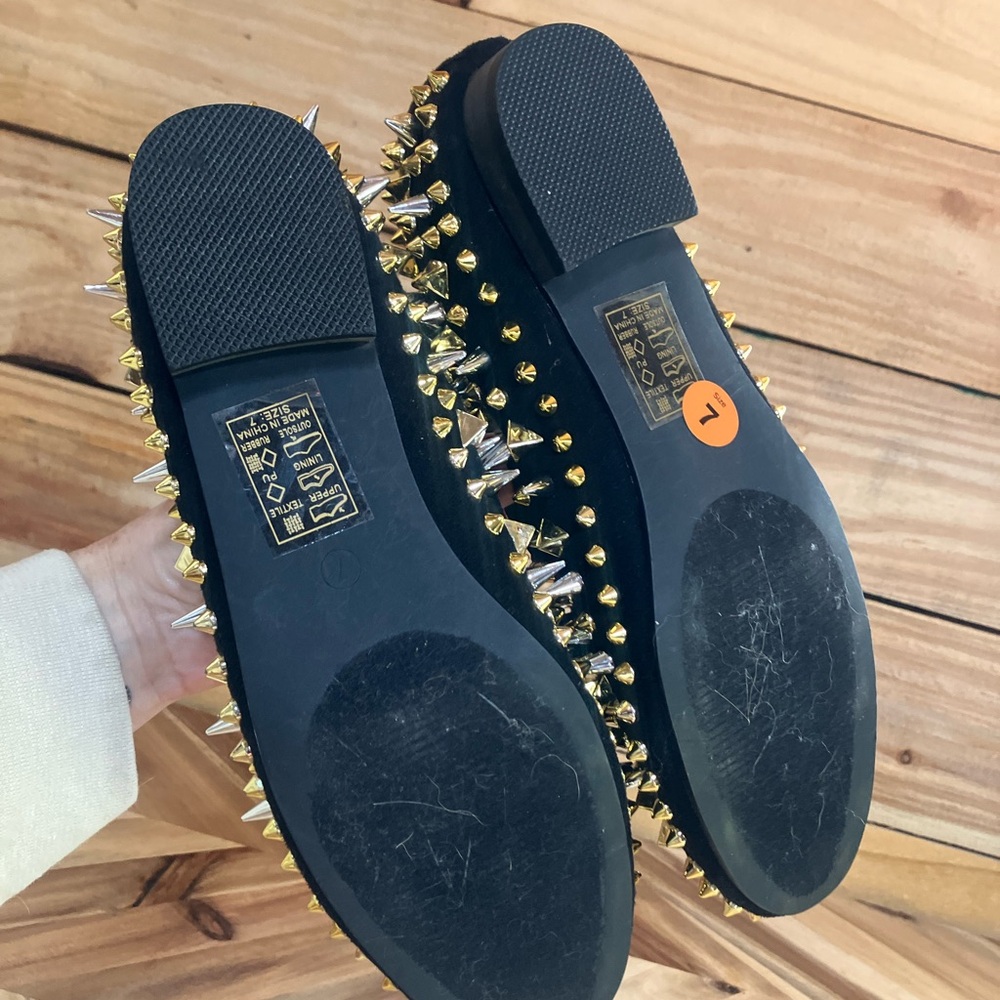 Black Studded Slip-On Loafers with Gold And Silver Spikes - Picture 2 of 15